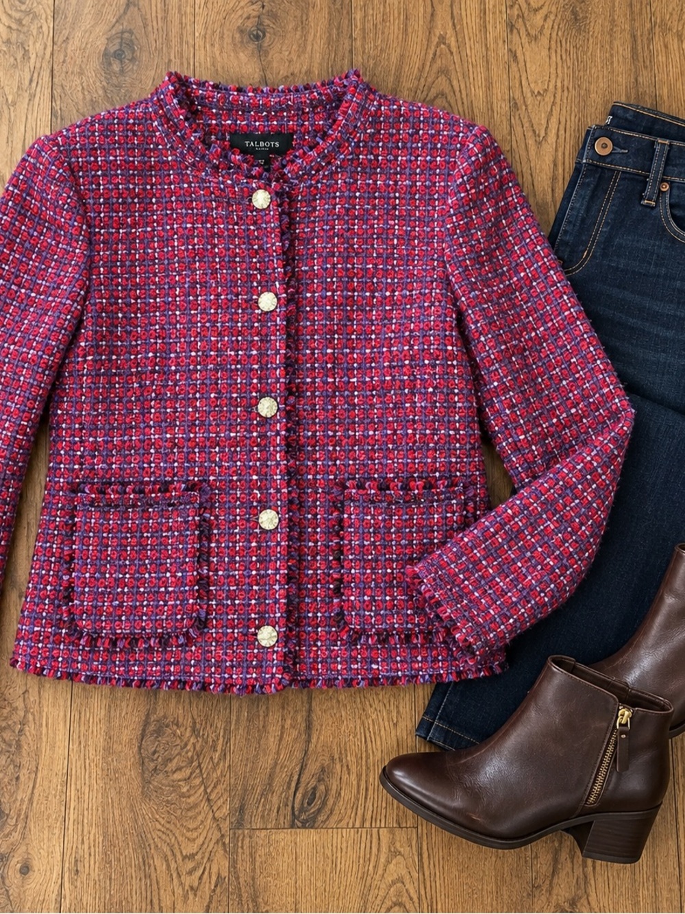 Talbots Women’s Size 10 Red Purple Tweed Jacket Gold Buttons Fringe